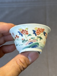 Five Chinese famille rose cups and saucers with horses, birds and flowers, Yongzheng/Qianlong