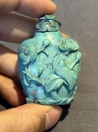 A Chinese carved turquoise snuff bottle and two red lacquer snuff bottles, Qianlong mark, 19/20th C.
