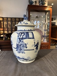 A Chinese blue and white 'Jia Guan Jin Jue 加官晉爵' vase and cover, Transitional period