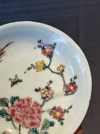 Five Chinese famille rose cups and saucers with horses, birds and flowers, Yongzheng/Qianlong