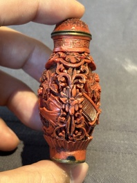 A Chinese carved turquoise snuff bottle and two red lacquer snuff bottles, Qianlong mark, 19/20th C.