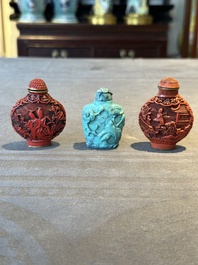 A Chinese carved turquoise snuff bottle and two red lacquer snuff bottles, Qianlong mark, 19/20th C.