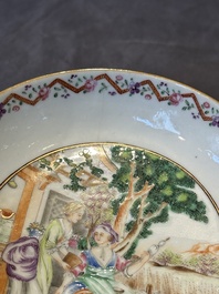 Three Chinese export famille rose 'European subject' cups and two saucers, Qianlong