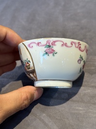 Three Chinese export famille rose 'European subject' cups and two saucers, Qianlong