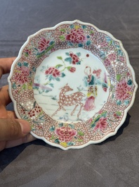 Three Chinese famille rose flower-shaped 'He Xiangu' plates, Yongzheng