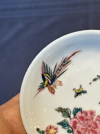Five Chinese famille rose cups and saucers with horses, birds and flowers, Yongzheng/Qianlong