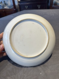 Two Chinese Canton famille rose 'mandarin subject' plates and a saucer, Qianlong