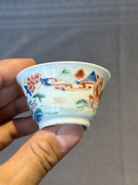 Five Chinese famille rose cups and saucers with horses, birds and flowers, Yongzheng/Qianlong