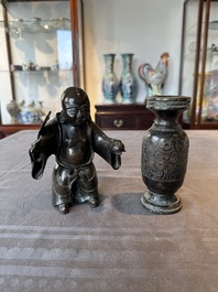A Chinese bronze vase and a Taoist figure-shaped incense burner, Ming