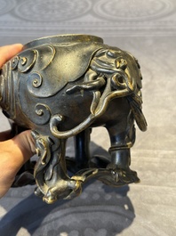 A fine Chinese bronze luduan-form censer and cover, Ming