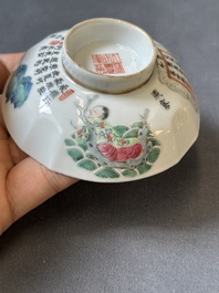A Chinese famille rose 'Wu Shuang Pu' bowl with cover, a saucer and four covers, Daoguang/Xianfeng