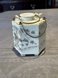 A hexagonal Chinese grisaille covered wine jug and warmer, signed Xinan Xushan 新安旭山, Guangxu mark, 19th C.