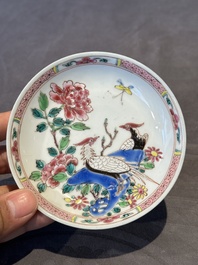 Two pairs of Chinese famille rose cups and saucers with pheasants and roosters, Yongzheng/Qianlong