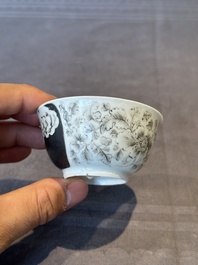 A rare Chinese grisaille and gilt cup and saucer with Ignatius of Loyola, Qianlong