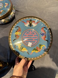 A pair of Chinese cloisonn&eacute; censers with covers and stands, 19/20th C.