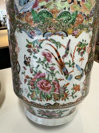 A pair of Chinese Canton famille rose vases with figures, flowers and insects, 19th C.