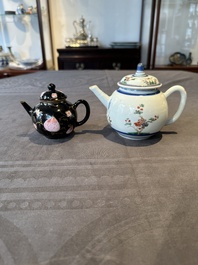A Chinese famille verte teapot and a famille rose black-ground teapot, Kangxi/Yongzheng
