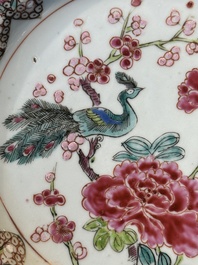 Six Chinese famille rose 'peacock and flowers' plates, Yongzheng