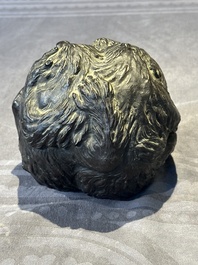 A Japanese bronze okimono with three monkeys, Yoshinobu seal mark, Meiji period
