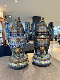 A pair of Chinese cloisonn&eacute; censers with covers and stands, 19/20th C.