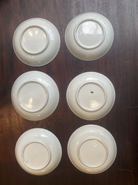 Five Chinese famille rose cups and six saucers with floral decor, Yongzheng/Qianlong