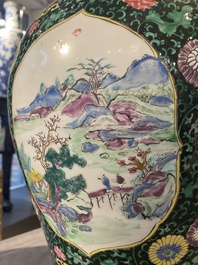 A pair of Chinese famille rose black-ground jars and covers with mountainous landscape design, Yongzheng