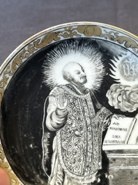 A rare Chinese grisaille and gilt cup and saucer with Ignatius of Loyola, Qianlong