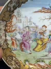 A Chinese Canton famille rose 'mandarin subject' covered teapot and a pair of saucers, Qianlong