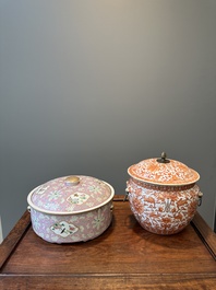 A Chinese iron-red-decorated covered bowl and a famille rose covered bowl, 19th C.