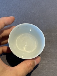 Five Chinese famille rose cups and saucers with horses, birds and flowers, Yongzheng/Qianlong