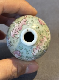 Two Chinese famille rose 'lotus scroll' snuff bottles and a flamb&eacute;-glazed snuff bottle, 19th C.