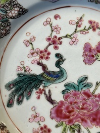 Six Chinese famille rose 'peacock and flowers' plates, Yongzheng