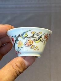 Five Chinese famille rose cups and saucers with horses, birds and flowers, Yongzheng/Qianlong