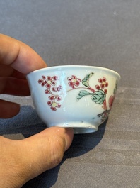 Five Chinese famille rose cups and saucers with horses, birds and flowers, Yongzheng/Qianlong