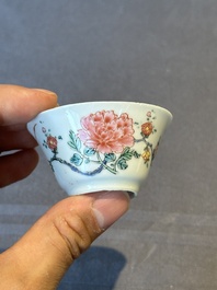 Five Chinese famille rose cups and saucers with horses, birds and flowers, Yongzheng/Qianlong