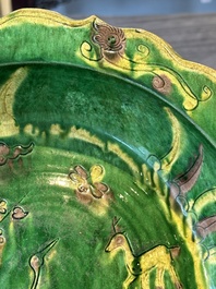 A Chinese sancai-glazed flower-shaped 'crane' plate, Ming