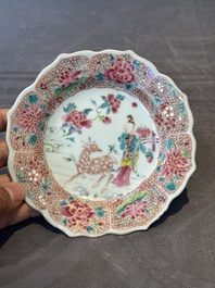Three Chinese famille rose flower-shaped 'He Xiangu' plates, Yongzheng