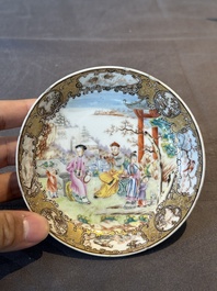 A Chinese Canton famille rose 'mandarin subject' covered teapot and a pair of saucers, Qianlong
