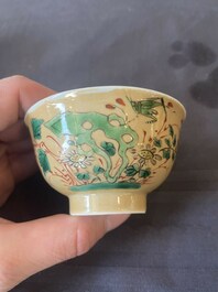 Two pairs of Chinese famille verte cups and saucers, Kangxi