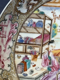 Two Chinese Canton famille rose 'mandarin subject' plates and a saucer, Qianlong