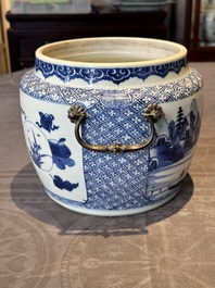 A fine Chinese blue and white 'landscape and antiquities' bowl with silver handles, Kangxi