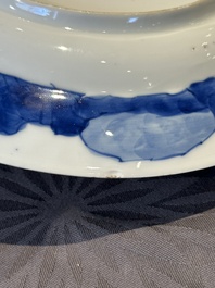 Two Chinese blue and white plates with figural design, Wanli and Kangxi mark, Kangxi