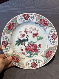 Six Chinese famille rose 'peacock and flowers' plates, Yongzheng