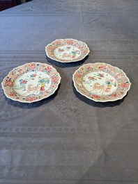 Three Chinese famille rose flower-shaped 'He Xiangu' plates, Yongzheng