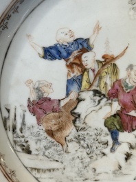 A Chinese rose-grisaille plate with Luohan, a dragon and a tiger, Yongzheng/Qianlong