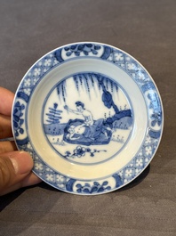 A Chinese blue and white 'erotic' cup and saucer, Kangxi