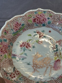 Three Chinese famille rose flower-shaped 'He Xiangu' plates, Yongzheng