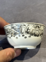 Four Chinese grisaille cups and saucers and a plate with blue-enamelled border, Qianlong