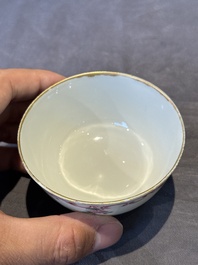 Three Chinese export famille rose 'European subject' cups and two saucers, Qianlong