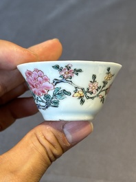 Five Chinese famille rose cups and saucers with horses, birds and flowers, Yongzheng/Qianlong